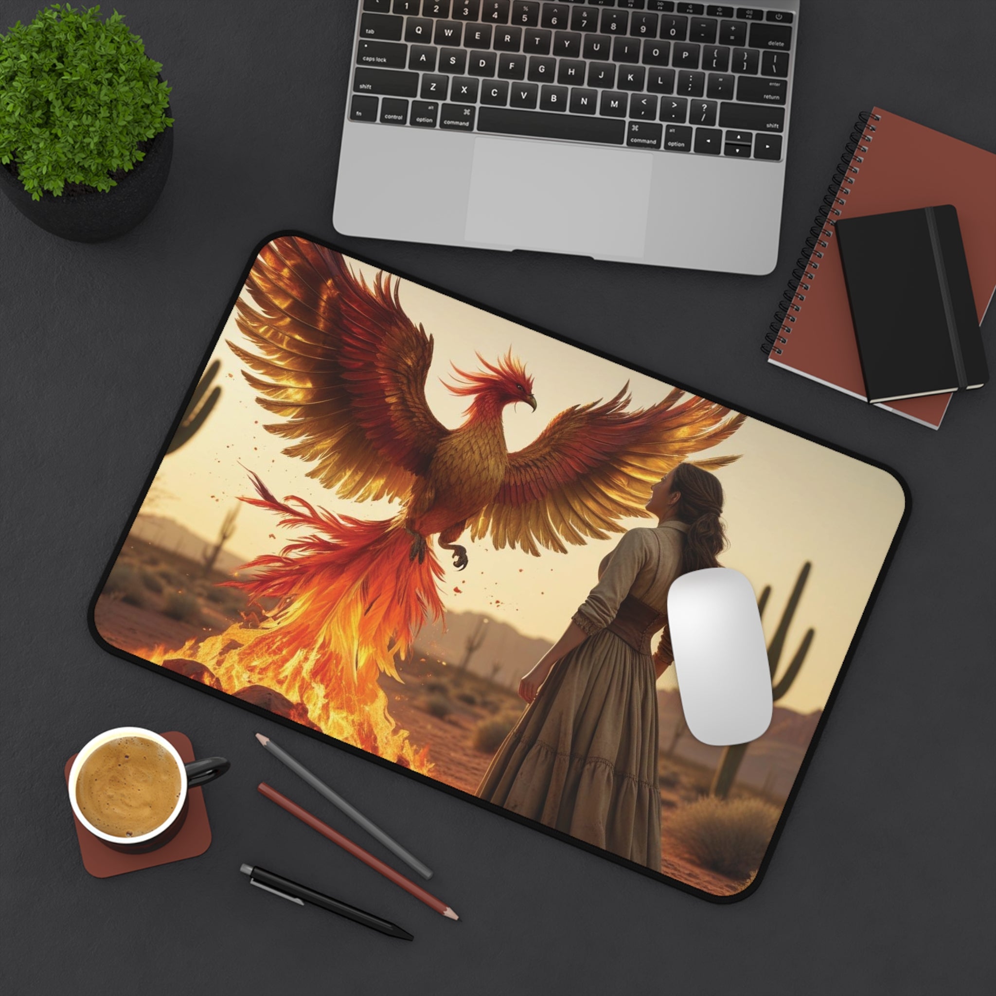 Phoenix Rising Desk Mat, Motivational Workspace Decor, Office Gift, Gaming Mousepad, Inspirational Desk Accessory