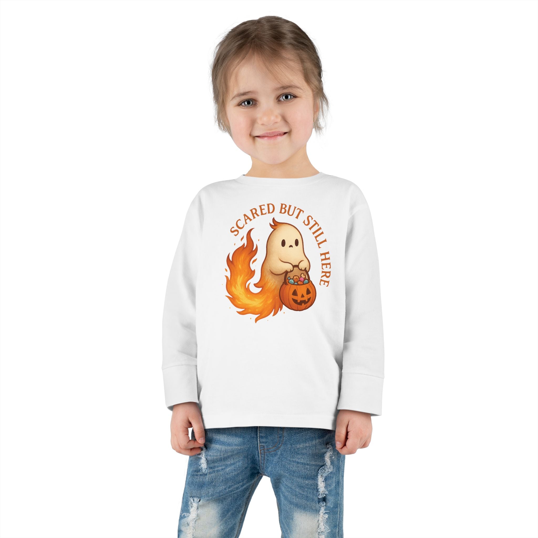 Scared but Still Here - Mystic Autumn Collection - Halloween Toddler Long Sleeve Tee, Cute Halloween Shirt, Fall Fashion for Kids