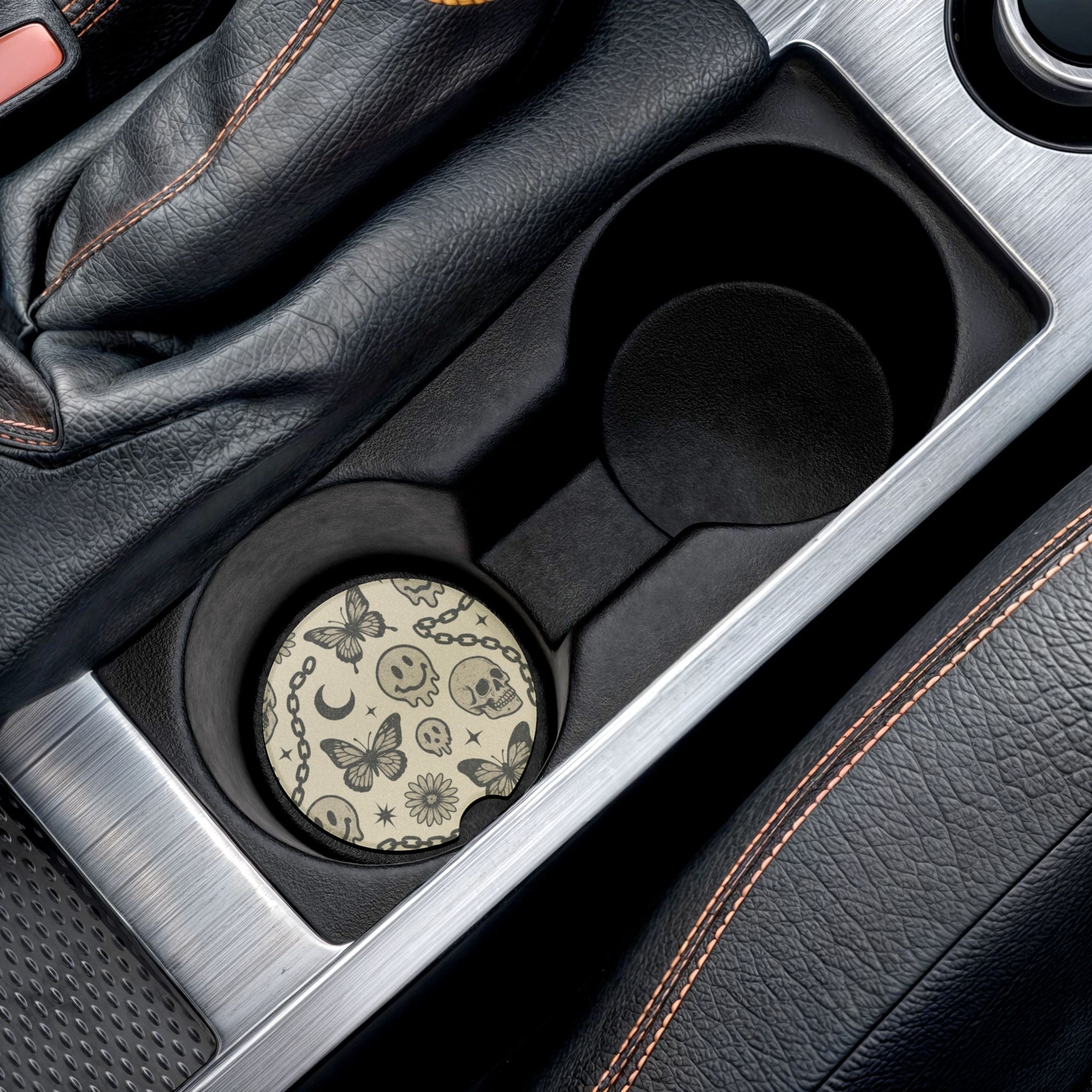90's Inspired - Mystic Autumn Collection -Soapstone Car Coaster Set | Skull & Butterfly Design | Unique Auto Accessories | Perfect Gift for Car Enthusiasts