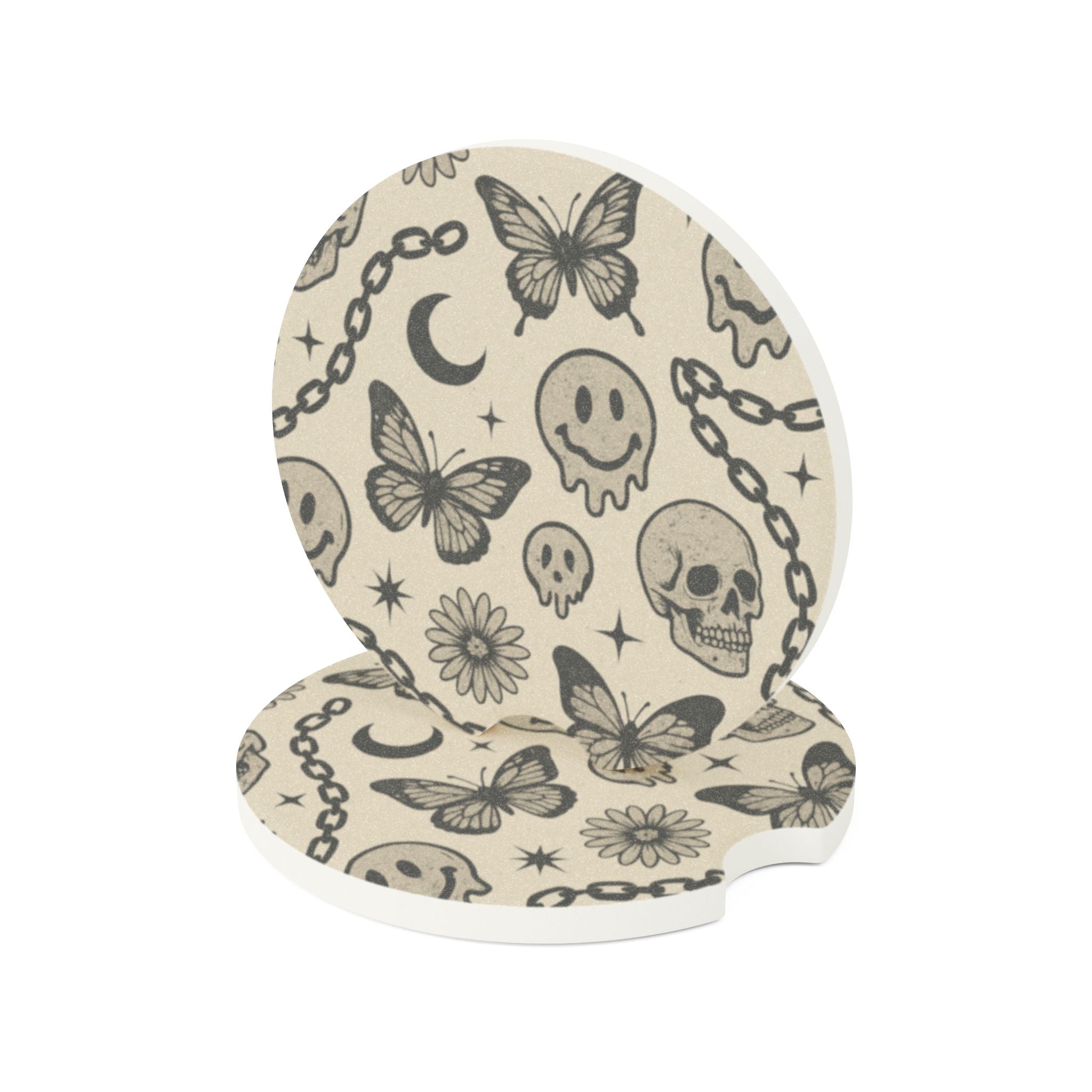 90's Inspired - Mystic Autumn Collection -Soapstone Car Coaster Set | Skull & Butterfly Design | Unique Auto Accessories | Perfect Gift for Car Enthusiasts