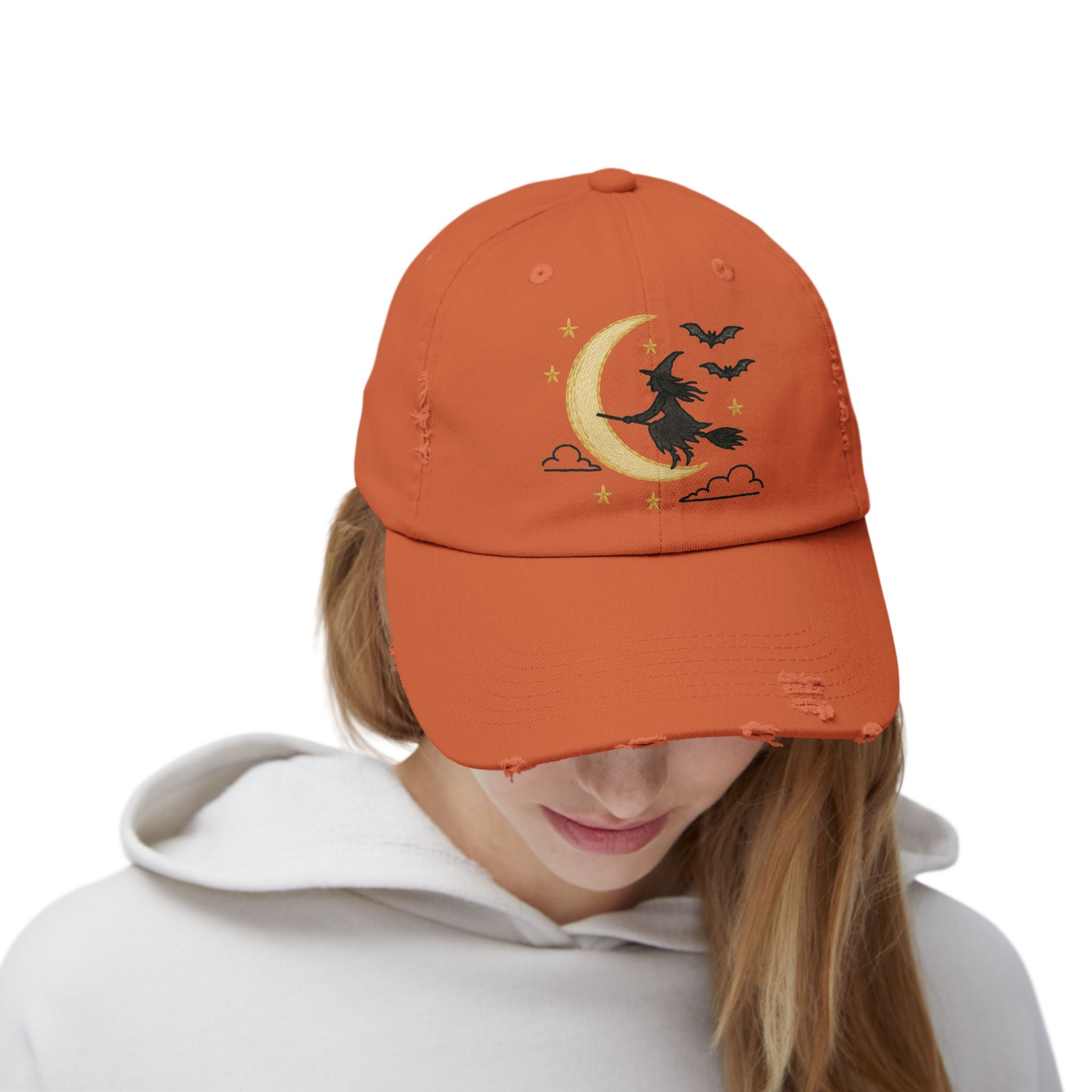 Witchy Distressed Cap, Mystic Autumn Collection - Fall Fashion Hat, Halloween Accessory, Boho Cap, Moon & Bats Design
