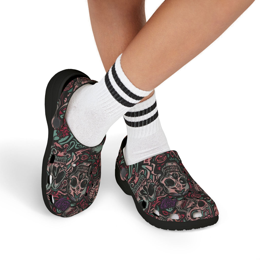 Ashes and Bones Collection - Skull Pattern Kids' Clogs - Fun, Comfortable Footwear for Playtime, Halloween, Gifts, Casual Days, Unique Kids' Fashion