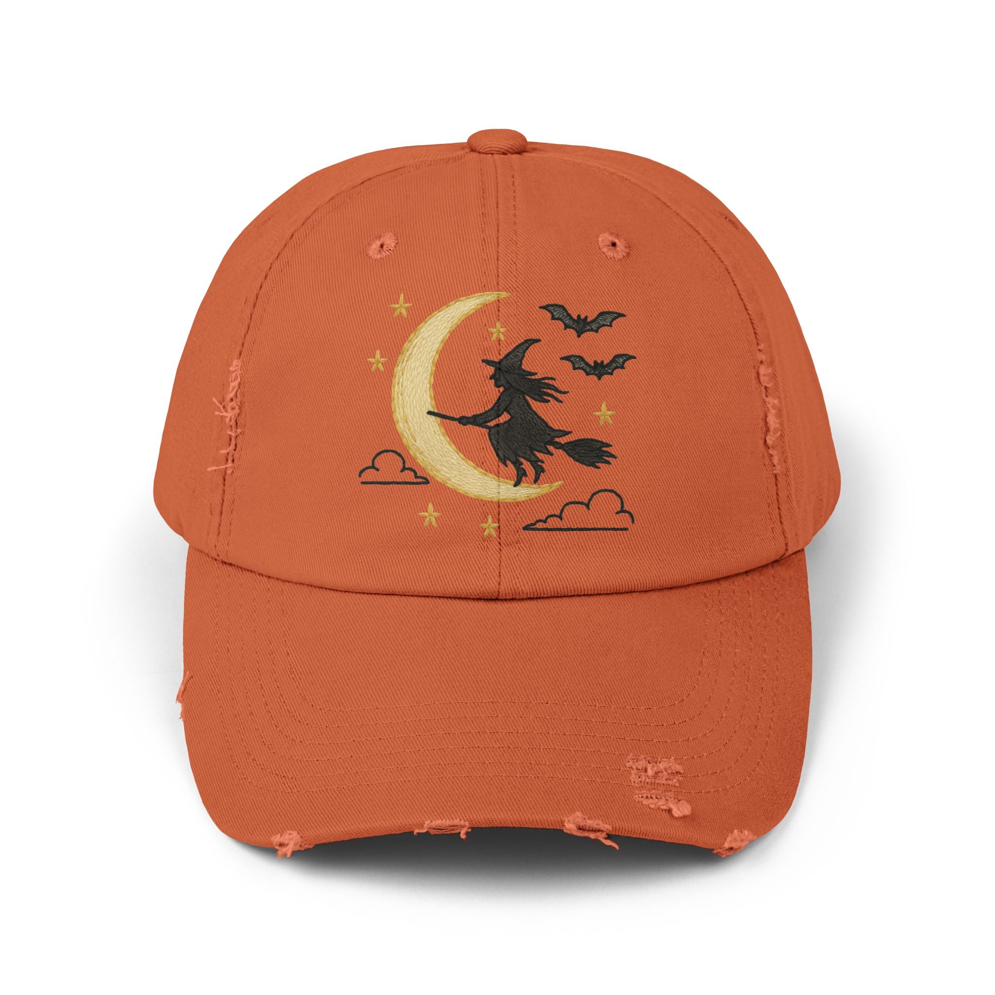 Witchy Distressed Cap, Mystic Autumn Collection - Fall Fashion Hat, Halloween Accessory, Boho Cap, Moon & Bats Design