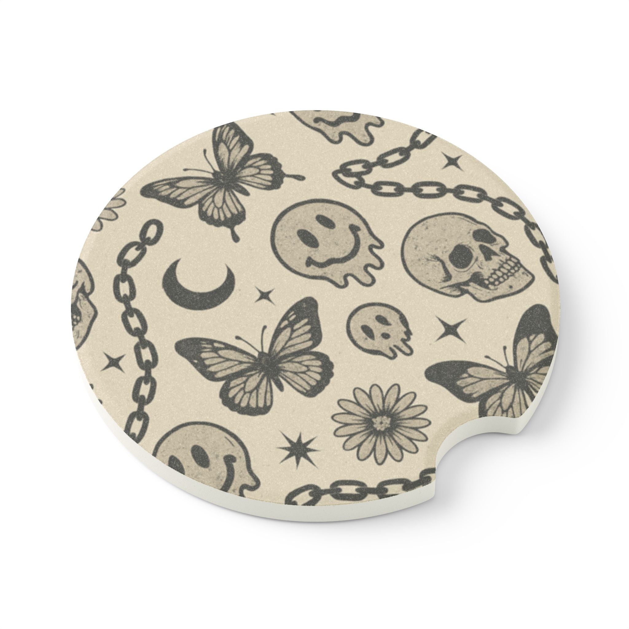 90's Inspired - Mystic Autumn Collection -Soapstone Car Coaster Set | Skull & Butterfly Design | Unique Auto Accessories | Perfect Gift for Car Enthusiasts