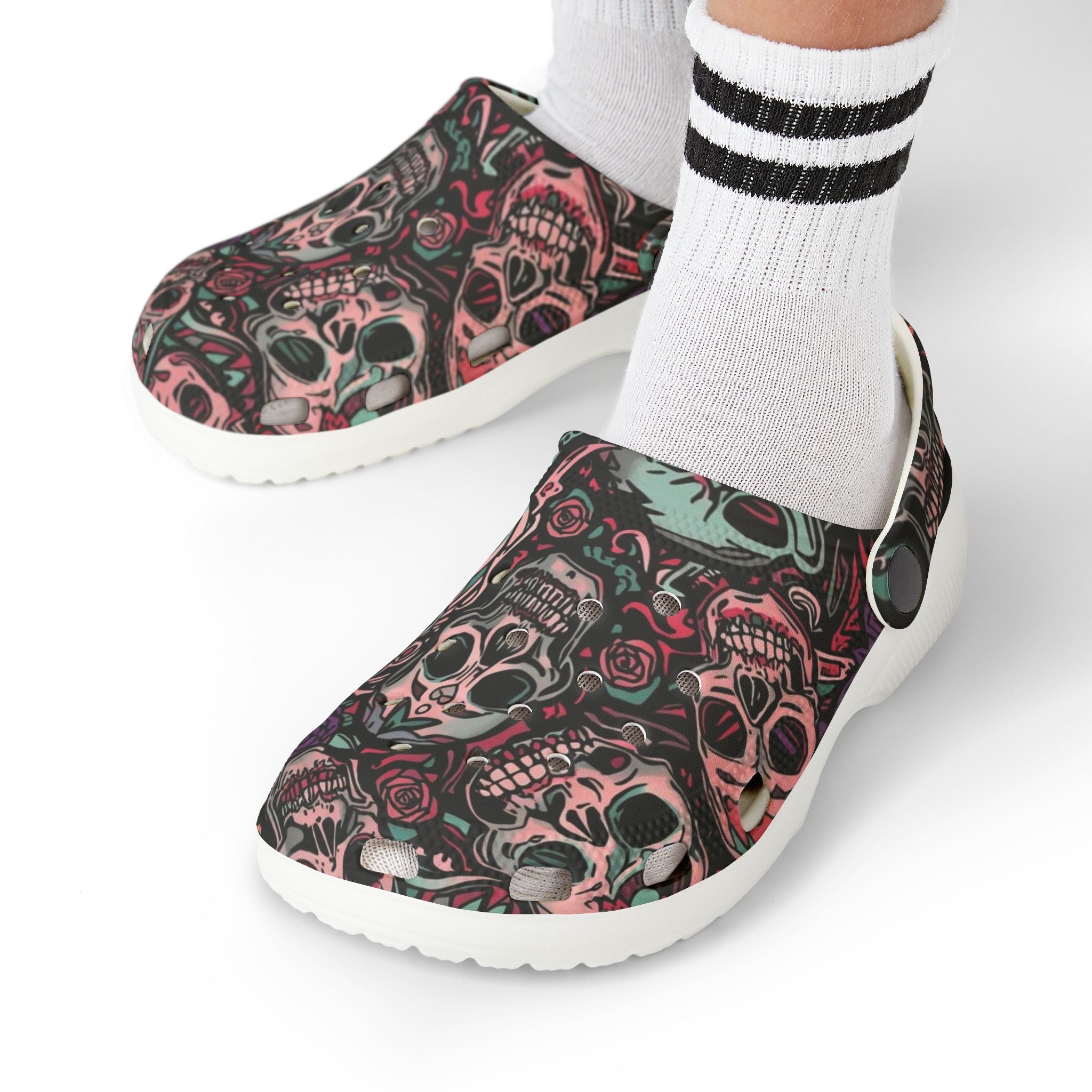 Ashes and Bones Collection - Skull Pattern Kids' Clogs - Fun, Comfortable Footwear for Playtime, Halloween, Gifts, Casual Days, Unique Kids' Fashion