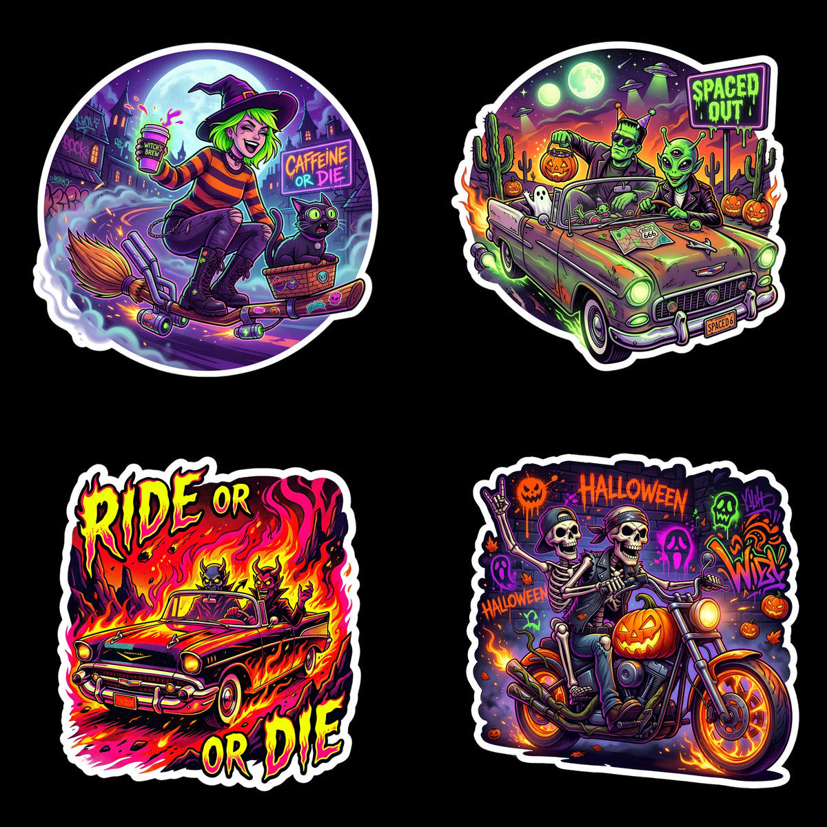 Midnight Joyride Jumbo Vinyl Decals | Retro Hot Rod & Neon Halloween Slaps (4″+ Large)