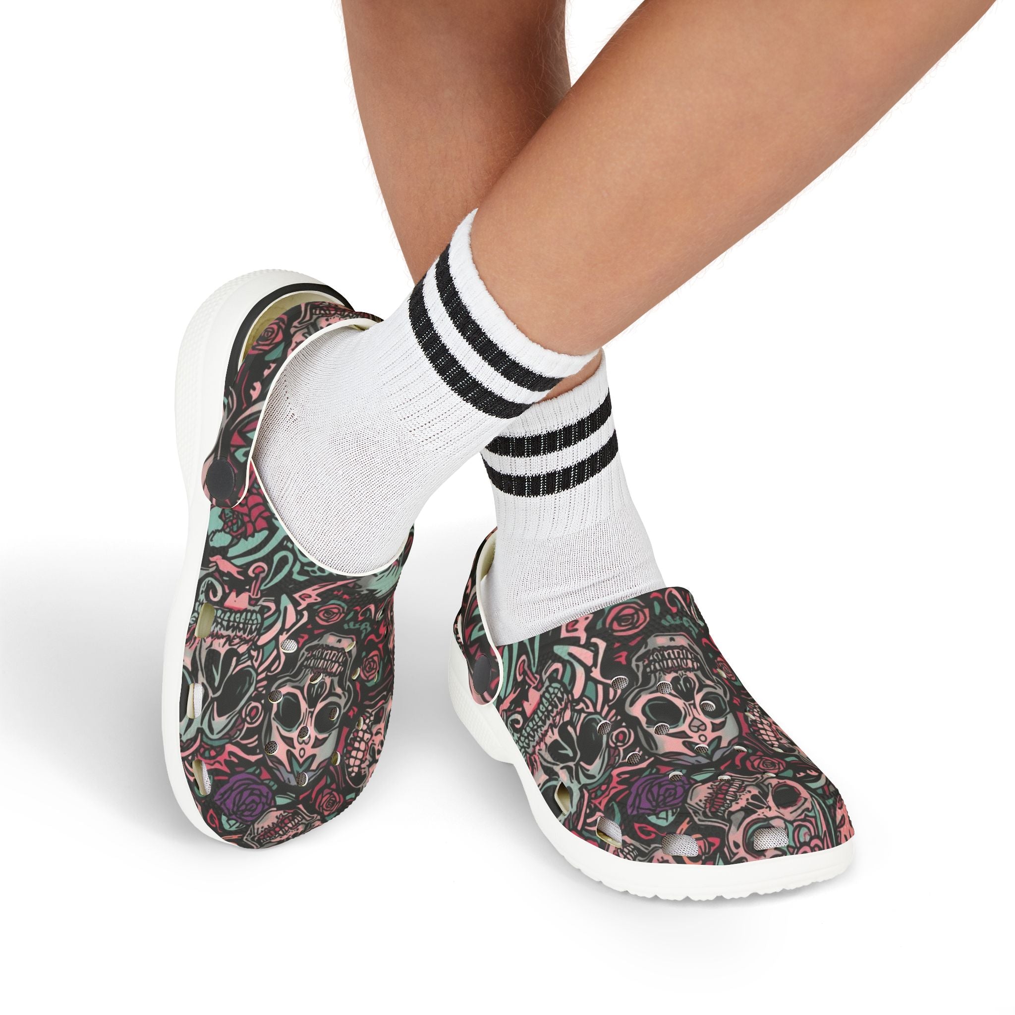 Ashes and Bones Collection - Skull Pattern Kids' Clogs - Fun, Comfortable Footwear for Playtime, Halloween, Gifts, Casual Days, Unique Kids' Fashion