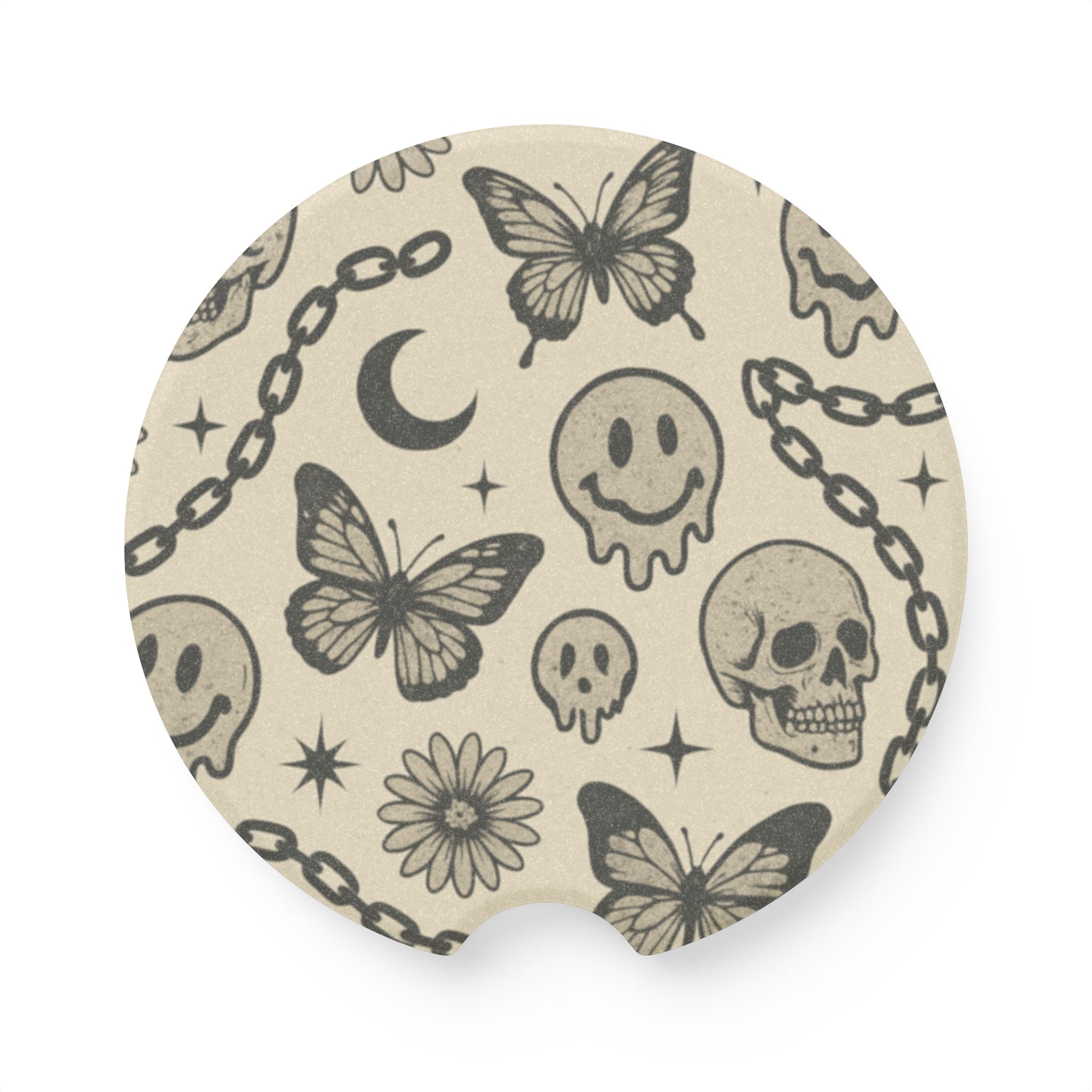 90's Inspired - Mystic Autumn Collection -Soapstone Car Coaster Set | Skull & Butterfly Design | Unique Auto Accessories | Perfect Gift for Car Enthusiasts