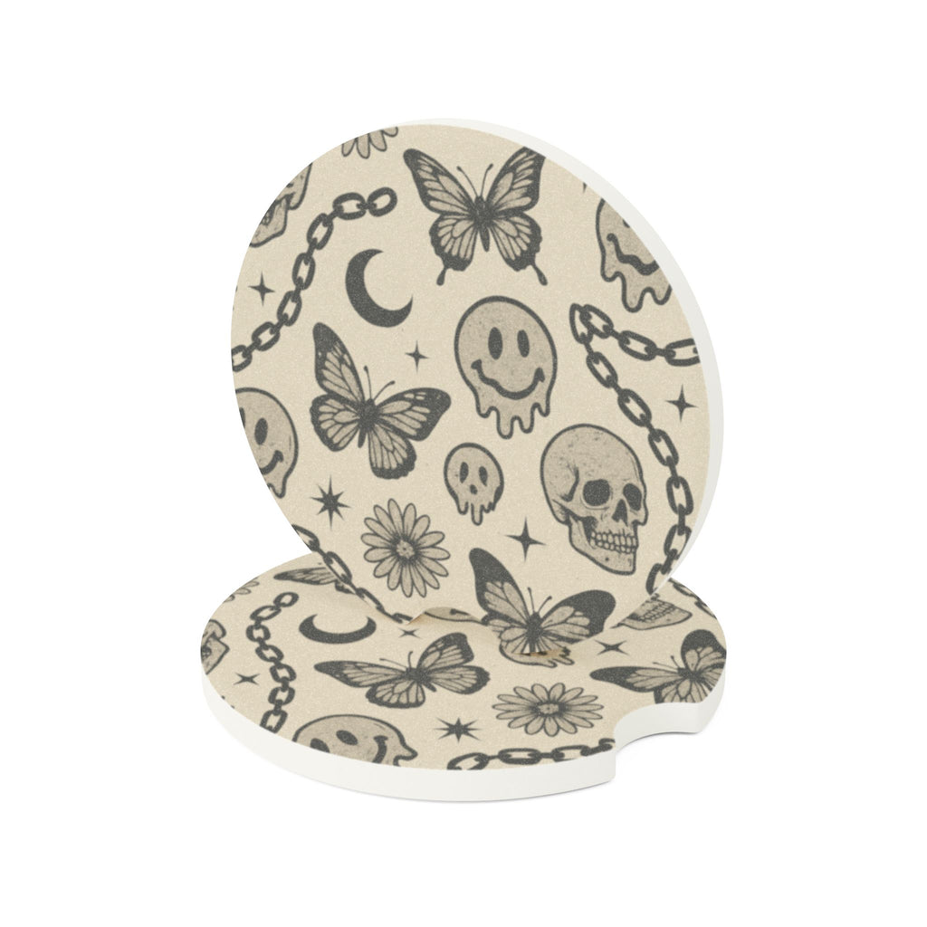 90's Inspired - Mystic Autumn Collection -Soapstone Car Coaster Set | Skull & Butterfly Design | Unique Auto Accessories | Perfect Gift for Car Enthusiasts