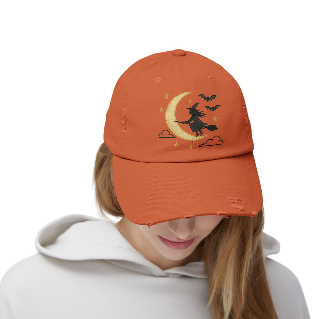 Witchy Distressed Cap, Mystic Autumn Collection - Fall Fashion Hat, Halloween Accessory, Boho Cap, Moon & Bats Design