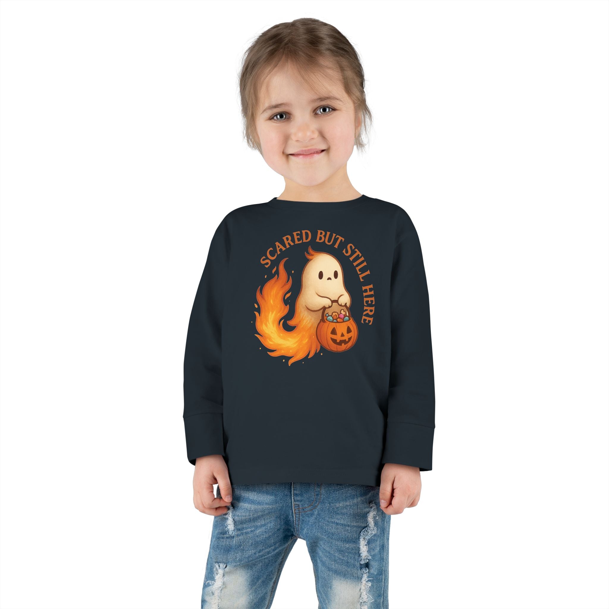 Scared but Still Here - Mystic Autumn Collection - Halloween Toddler Long Sleeve Tee, Cute Halloween Shirt, Fall Fashion for Kids